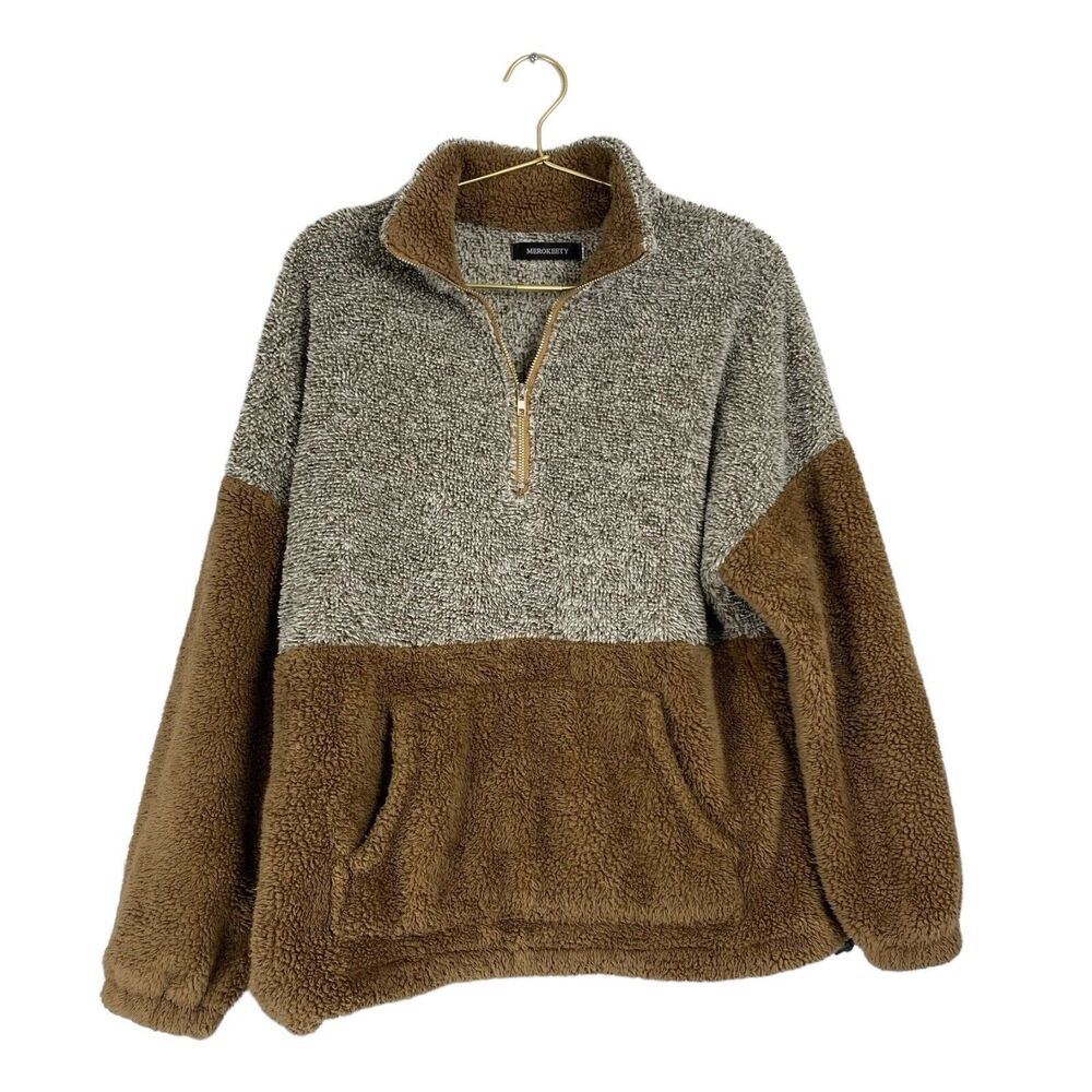 MEROKEETY Womens Sherpa Fleece Quarter Zip Pullover Colorblock Brown Grey Small